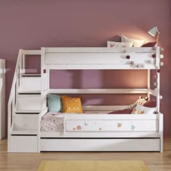 LIFEETIME Stapelbed Familie Met Trapkast - 90/140x200 cm - Premium Rolbodem - White Wash