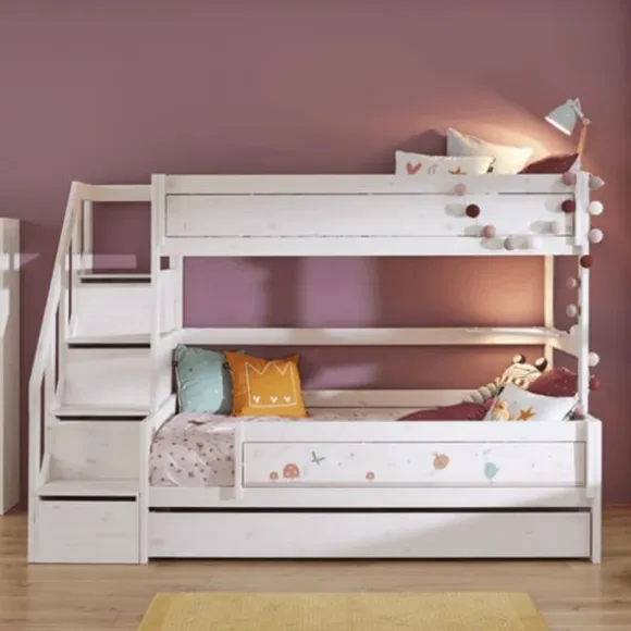 LIFEETIME Stapelbed Familie Met Trapkast - 90/140x200 cm - Premium Rolbodem - White Wash