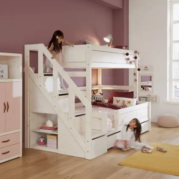 LIFEETIME Stapelbed Familie Met Trapkast - 90/140x200 cm - Premium Rolbodem - White Wash