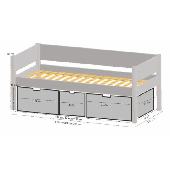 Manis-h Combinatiebed Met Lattenbodem En Hoge Lades - NANNA - 90x200 cm
