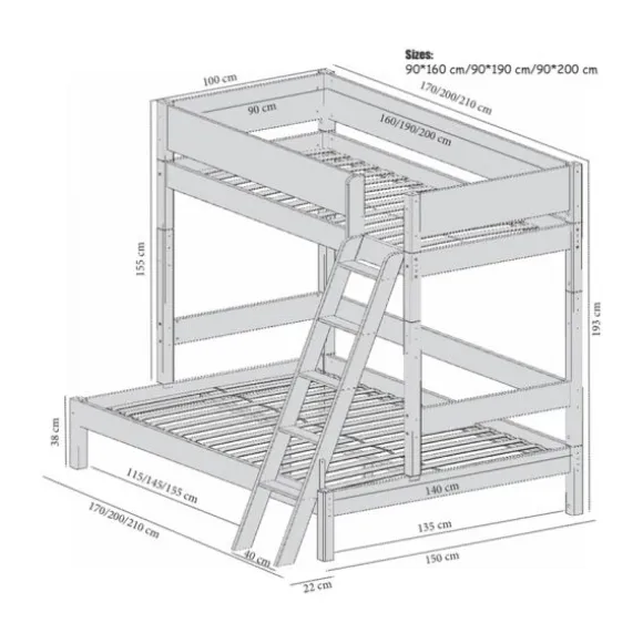 Manis-h VALE Combinatie Familiebed Met Lattenbodem 140 cm + 90 cm