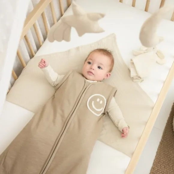 Meyco Slub Baby Slaapzak met Smile Applicatie en Afritsbare Mouwen - Taupe/Offwhite - 110 cm