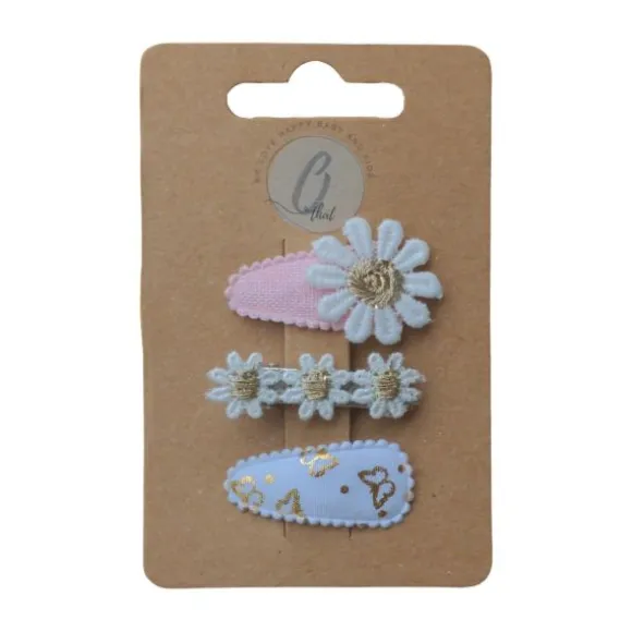 Ootje kadootje Linnen Haarclip - Margrietjes Wit / Vlinder Met Gouden Accent - 3 Stuks